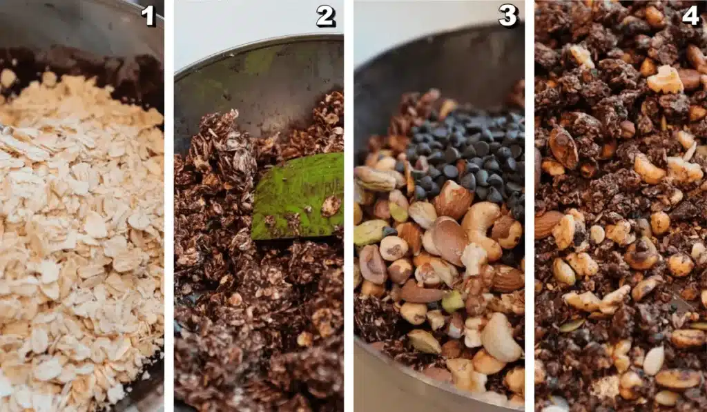 Step-by-step collage showing how to make chocolate protein baked oats with oats, chocolate mix, nuts, and seeds
