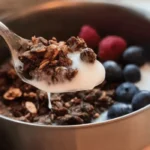 Spoonful of baked protein oats with yogurt and fresh berries in a metal bowl
