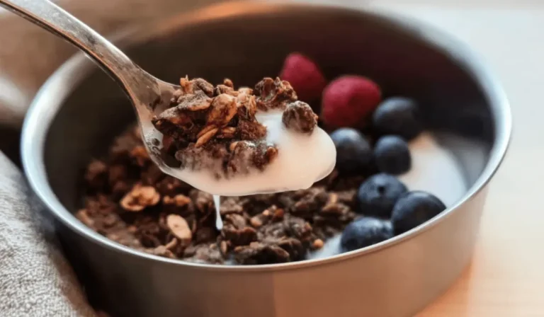 Spoonful of baked protein oats with yogurt and fresh berries in a metal bowl