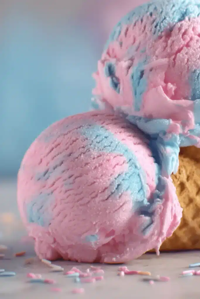 Close-up of cotton candy ice cream with pastel pink and blue swirls in a sugar cone, surrounded by sprinkles