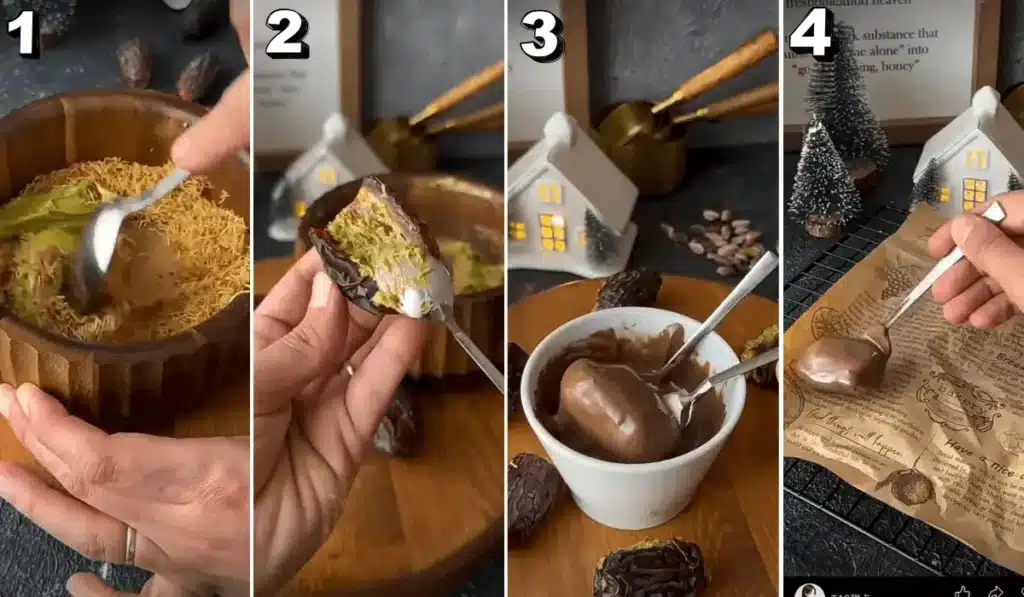 Step-by-step making Dubai dates with tahini, pistachio butter, and kataifi