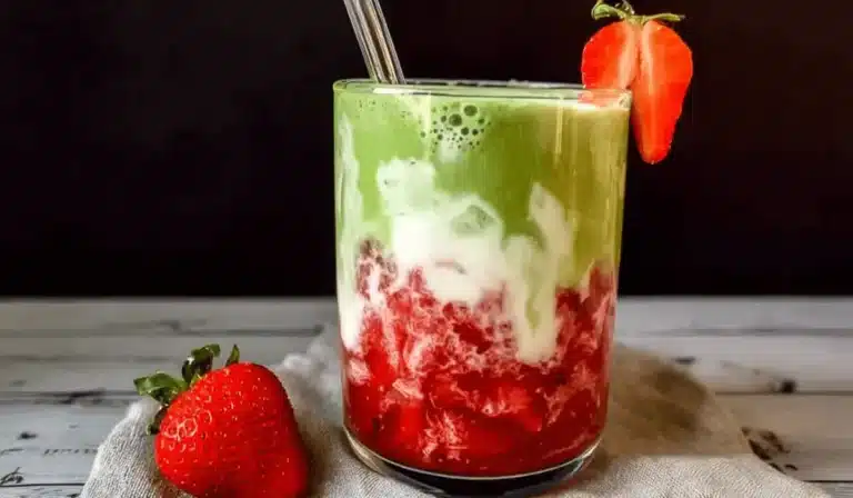 Layered strawberry matcha latte in a glass with fresh strawberries
