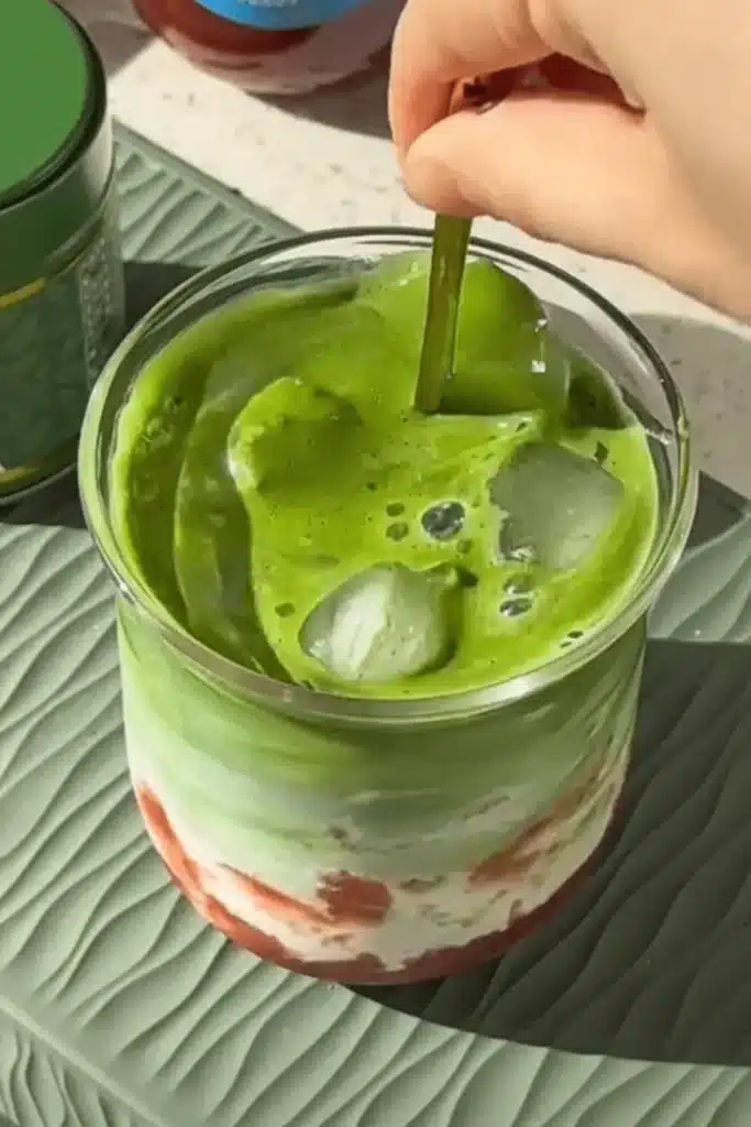 Stirring a layered strawberry matcha latte with ice in a clear glass