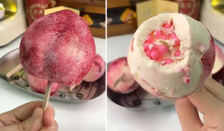 Viral Asian peach ice cream bar with strawberry dust and surprise filling