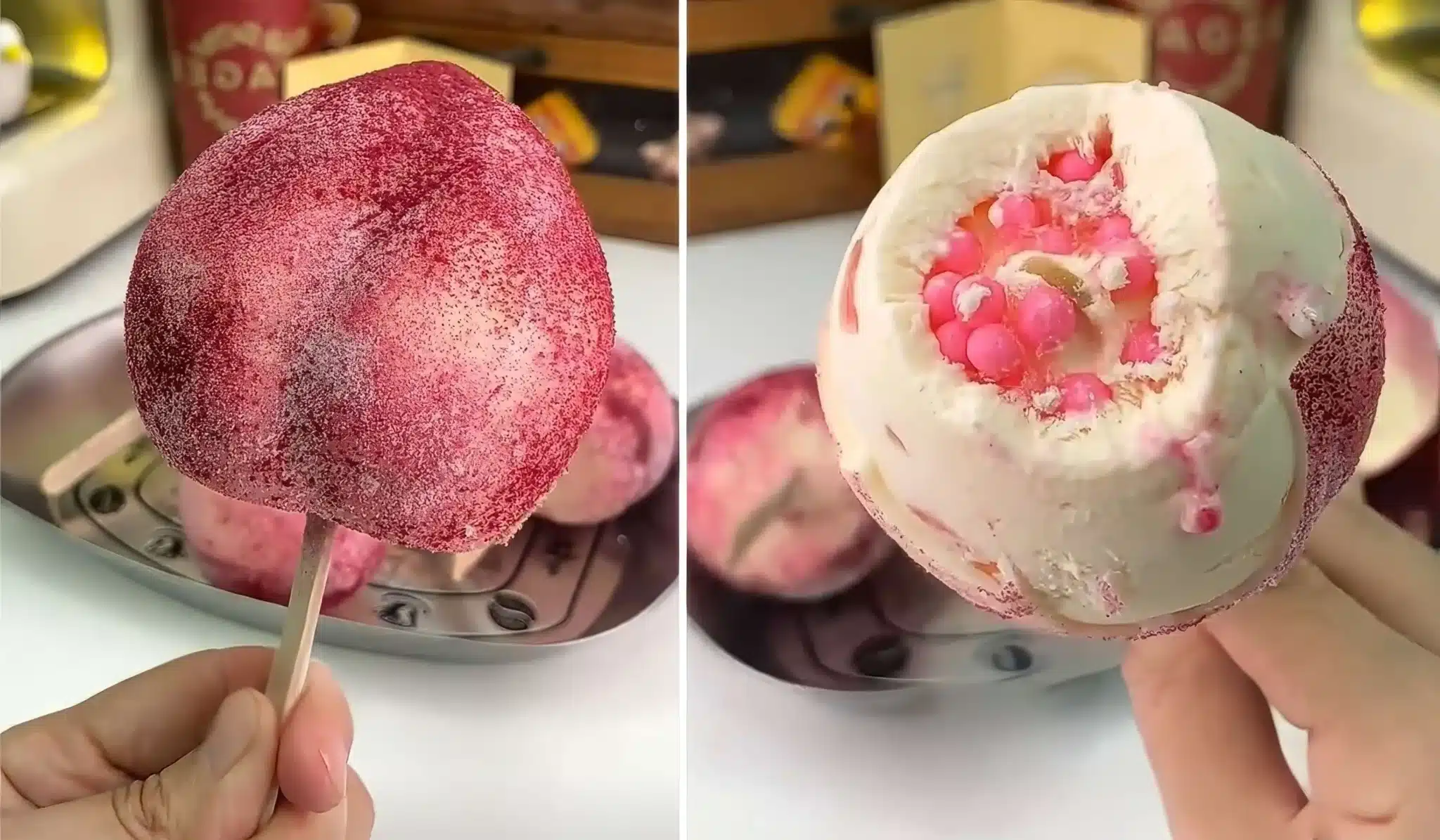 Viral Asian peach ice cream bar with strawberry dust and surprise filling