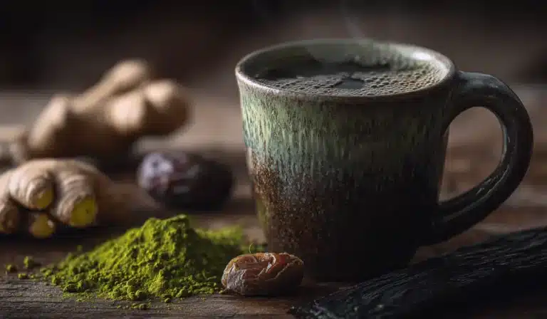 Authentic Japanese Mounjaro tea with matcha, kombu, umeboshi, and ginger in a rustic mug