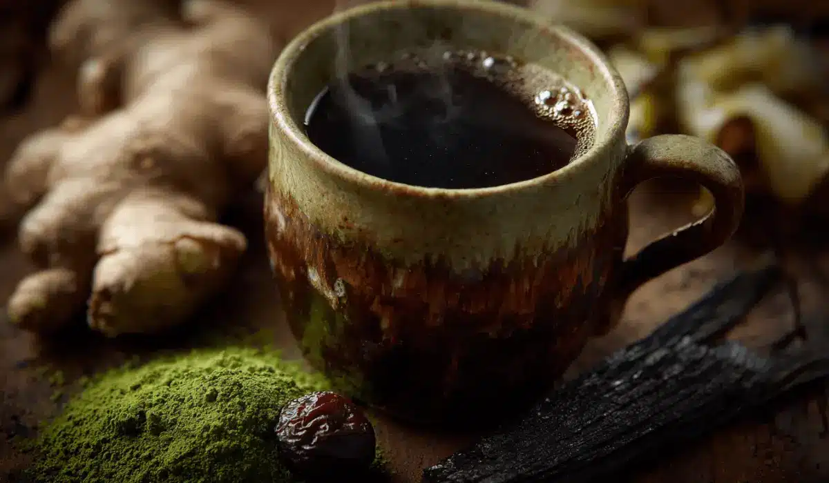 Steaming mug of authentic Japanese Mounjaro recipe with matcha, ginger, umeboshi, and kombu