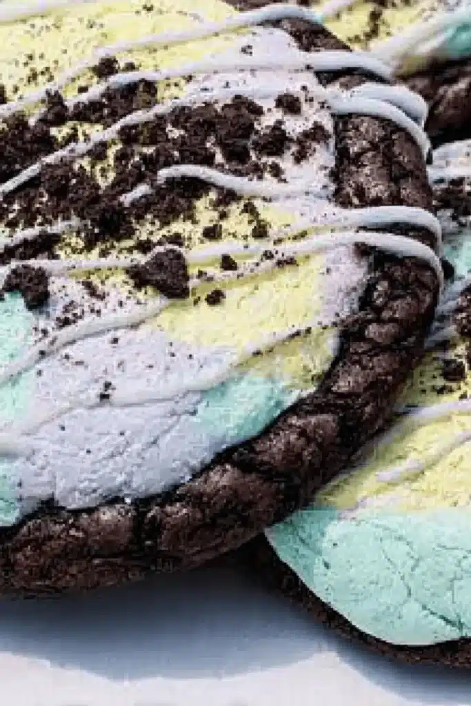 Close-up of the Benson Boone Moonbeam Cookie topped with swirled pastel frosting and crushed cookie crumbs.
