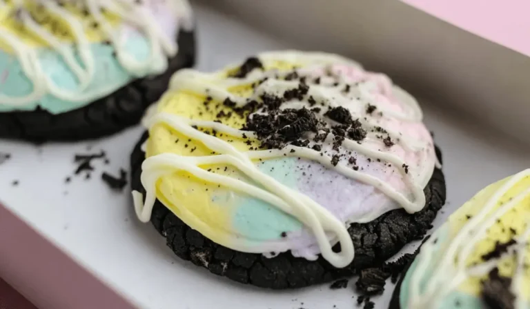 Benson Boone Moonbeam Cookie topped with pastel frosting and crushed cookie bits inside a Crumbl box.