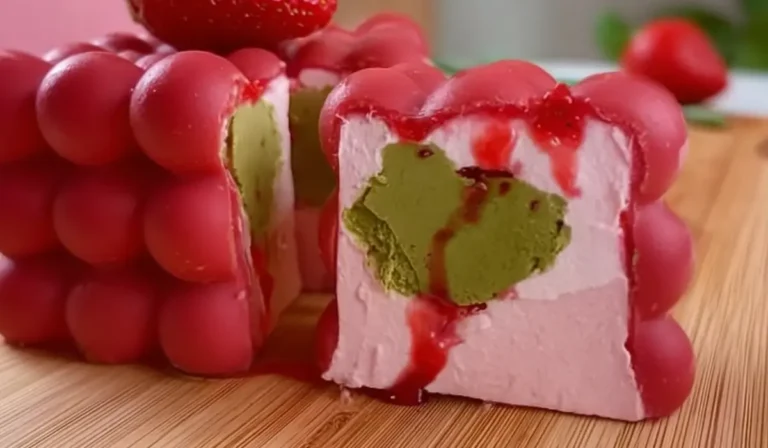 Berry cube dessert with ruby chocolate shell, pistachio center, and raspberry drizzle