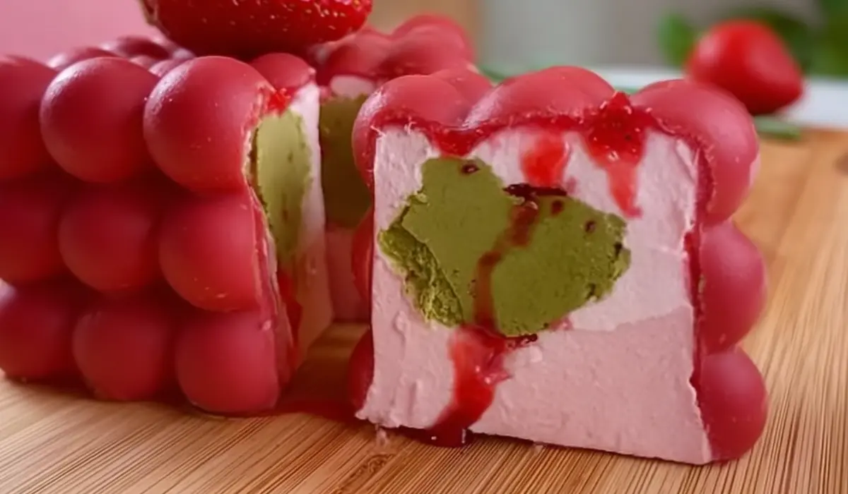Berry cube dessert with ruby chocolate shell, pistachio center, and raspberry drizzle