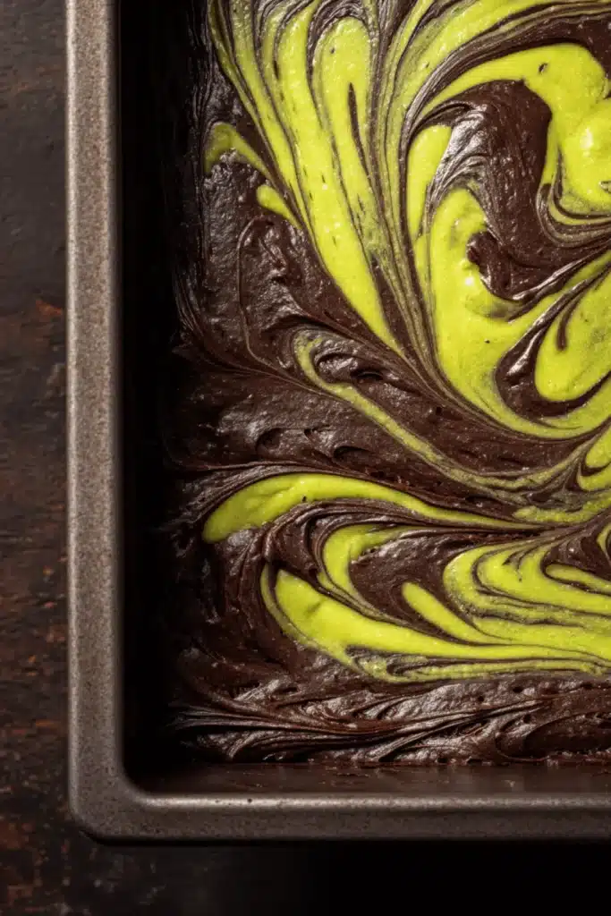Chocolate brownie batter swirled with pistachio cream mixture in a baking pan