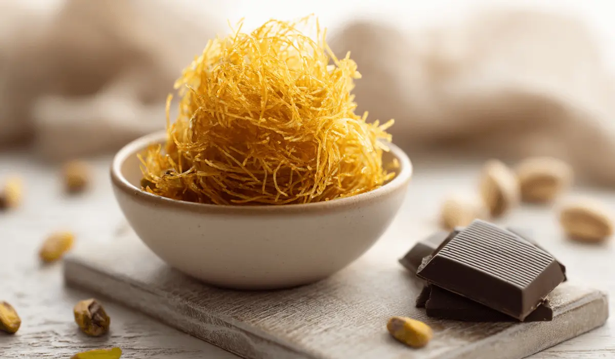 Crispy golden kataifi strands in a small white bowl beside dark chocolate and pistachios