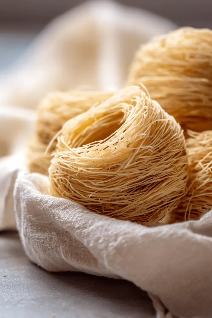 What is kataifi? This image shows raw kataifi pastry formed into delicate nests on a linen cloth, highlighting its signature shredded texture.