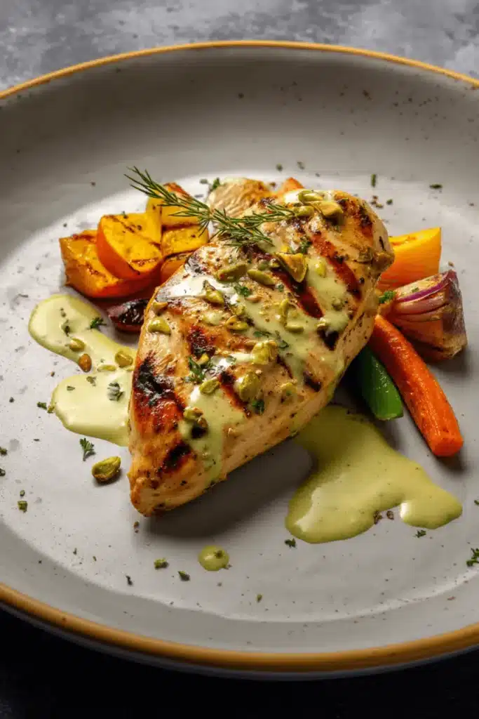 Grilled chicken breast with creamy pistachio sauce and roasted vegetables