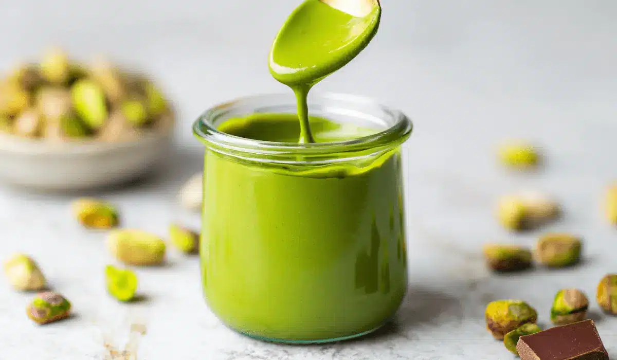 Jar of smooth bright green pistachio butter with a spoonful dripping over the top
