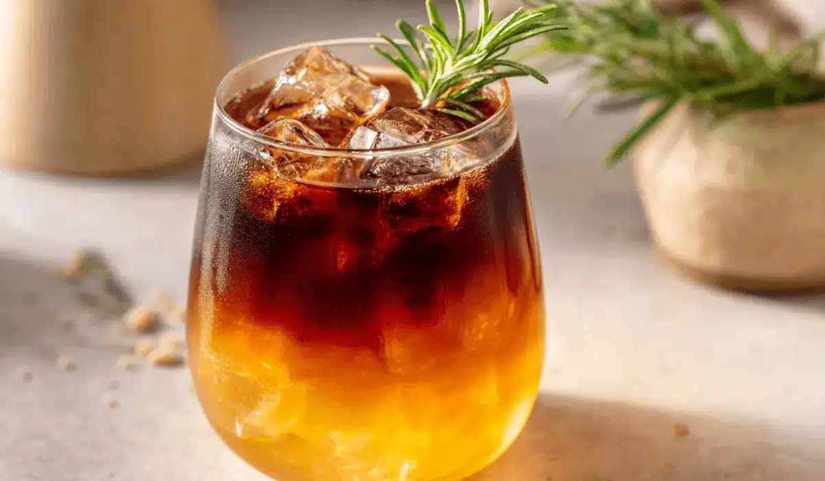 Iced orange coffee in a clear glass with espresso and rosemary garnish