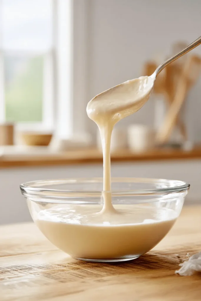 Close-up of thin kataifi batter dripping from a spoon into a glass bowl on a wooden surface
