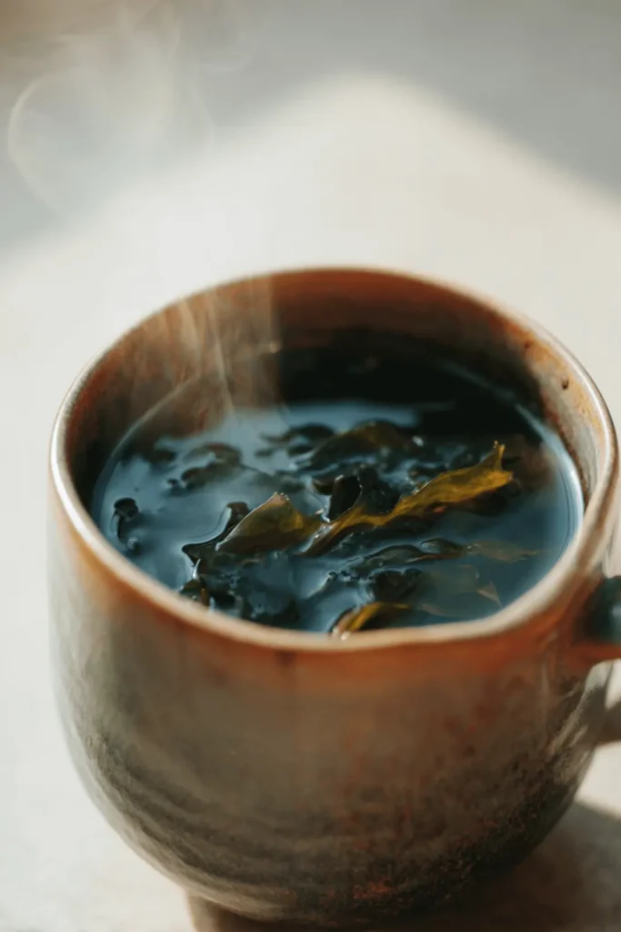 Steaming cup of hot water steeped with kombu strips for the authentic Japanese Mounjaro recipe
