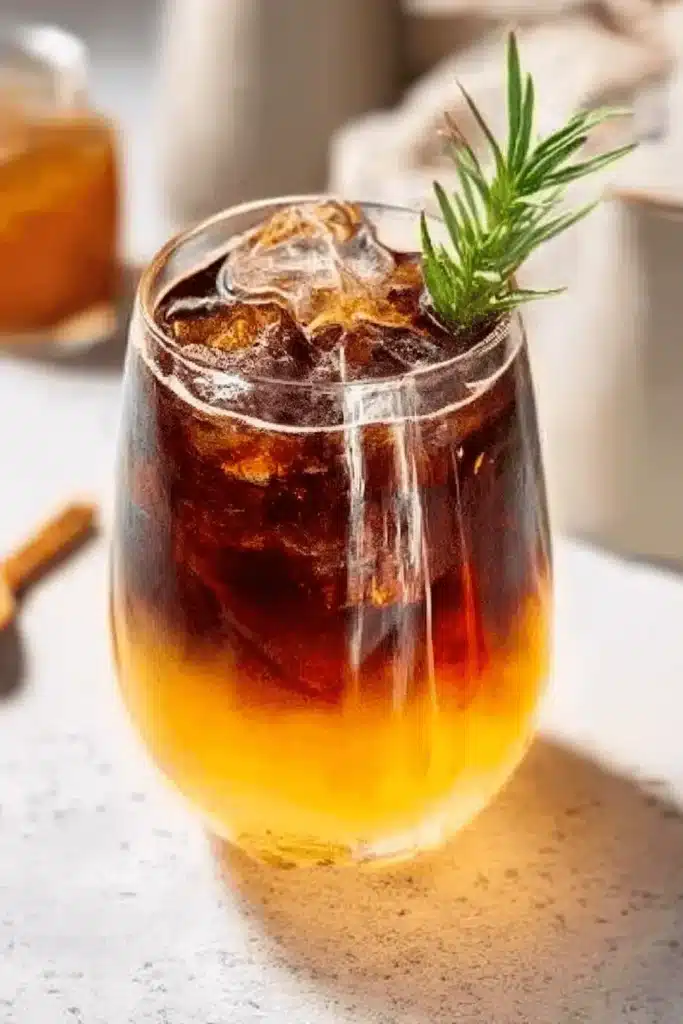 Layered iced orange coffee with rosemary sprig in clear glass