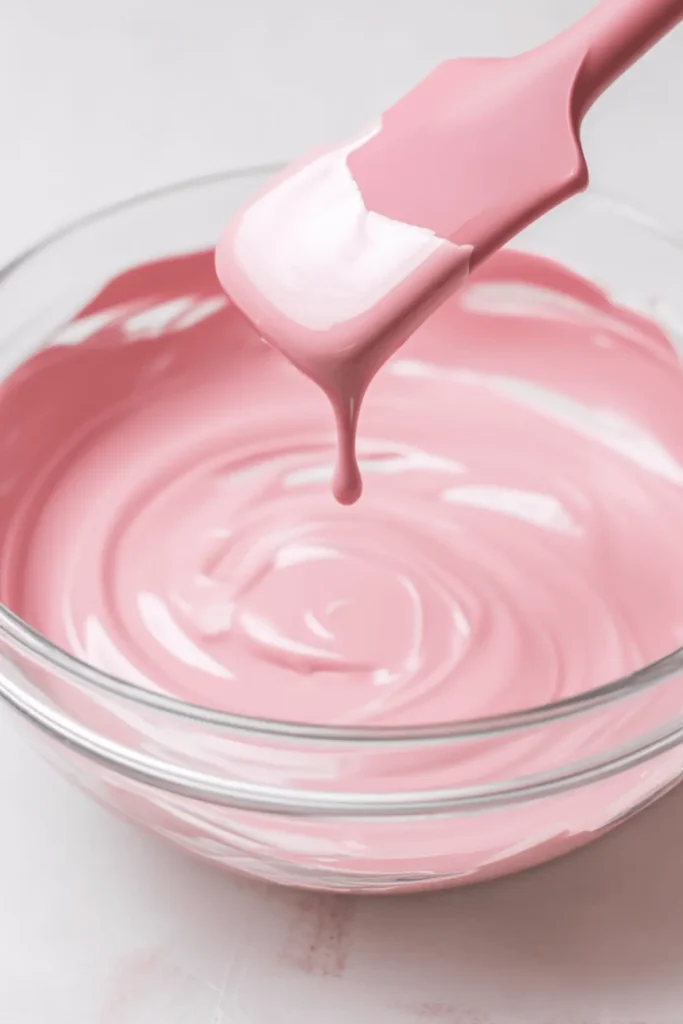 Bowl of melted pink chocolate with a spatula for angel hair chocolate bar shell