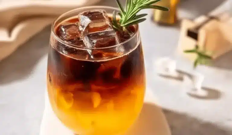 Orange coffee with ice in a clear glass topped with espresso and rosemary