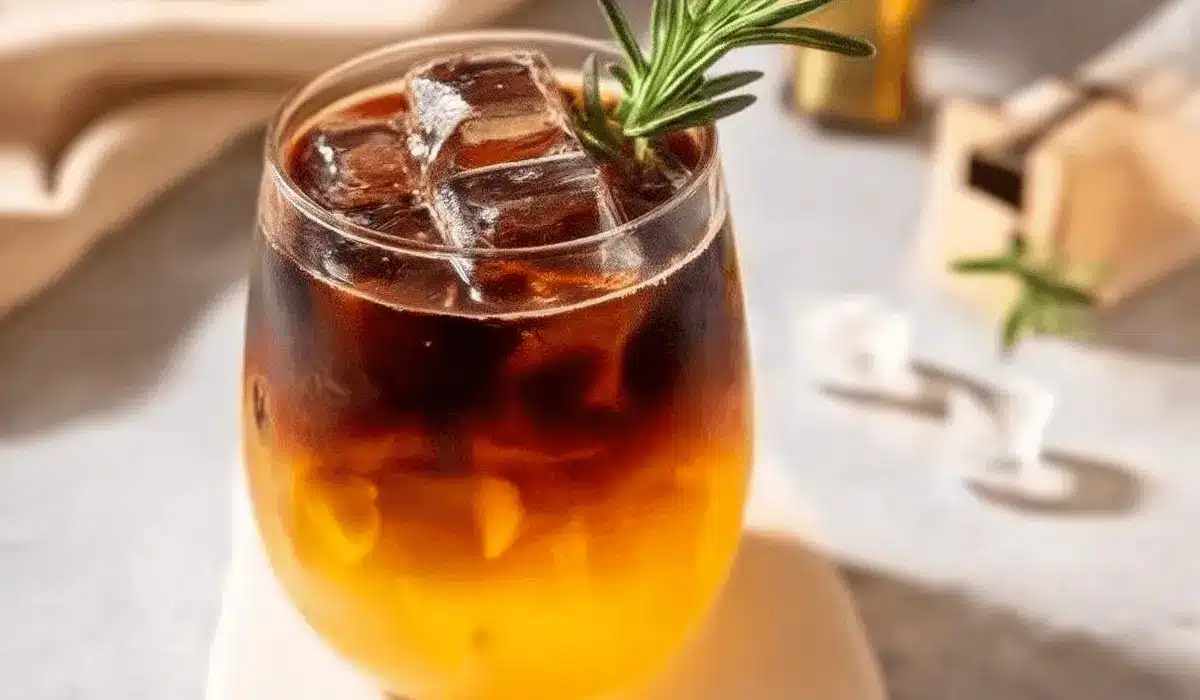 Orange coffee with ice in a clear glass topped with espresso and rosemary