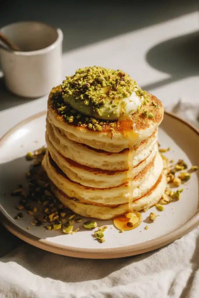 Stack of pancakes topped with pistachio cream and chopped pistachios