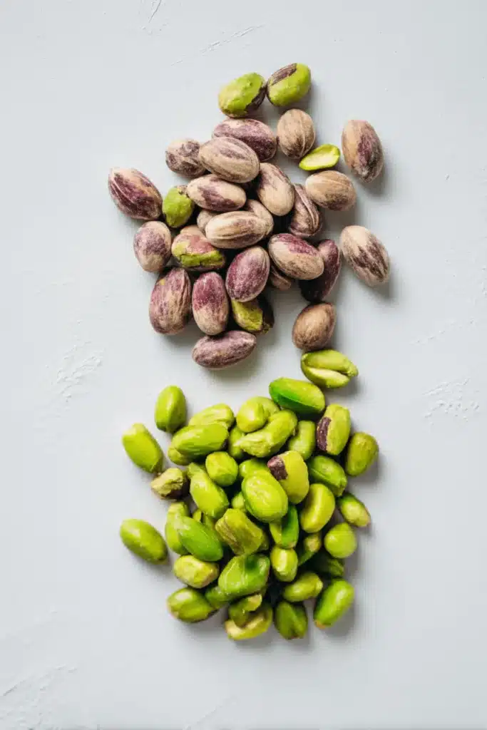 Side by side comparison of peeled and unpeeled pistachios on a light background