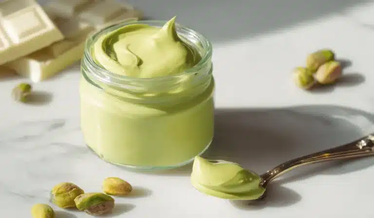 Smooth homemade pistachio cream in a glass jar with white chocolate and pistachios