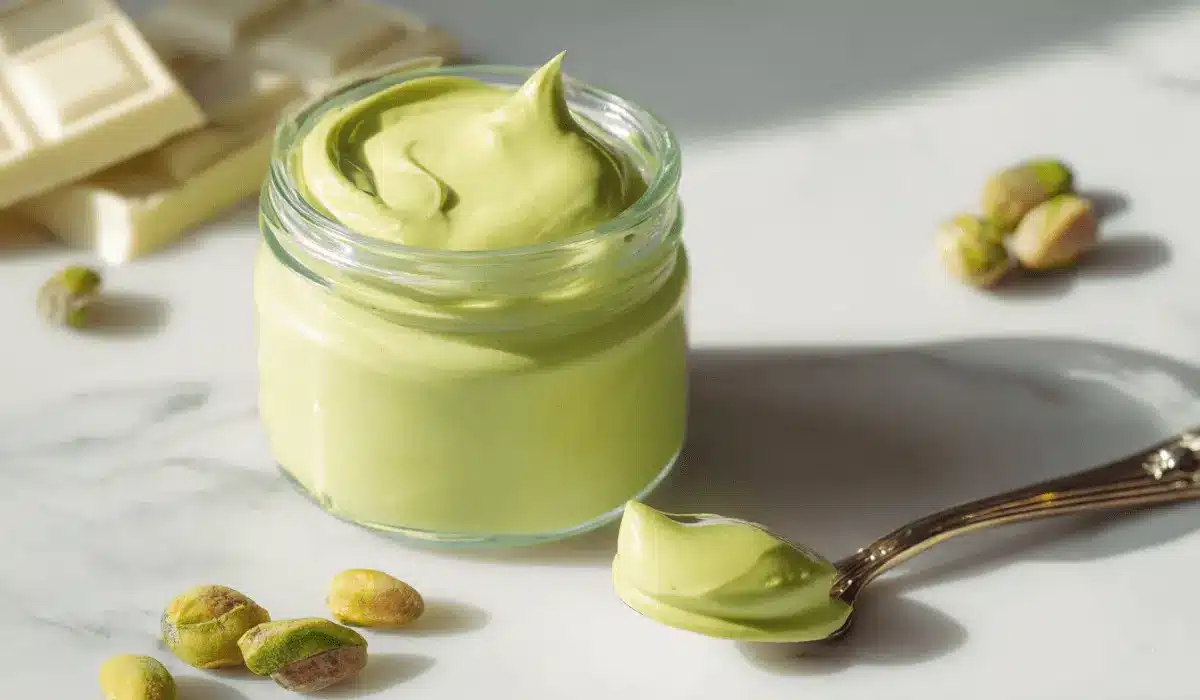 Smooth homemade pistachio cream in a glass jar with white chocolate and pistachios