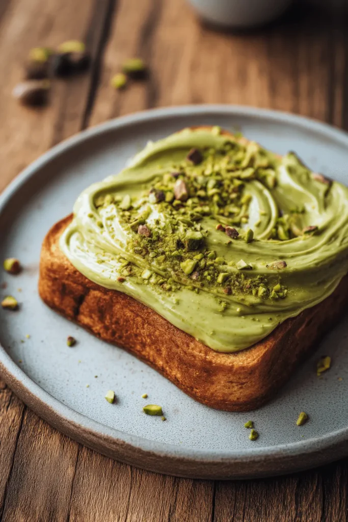 Toast topped with creamy pistachio spread and chopped nuts