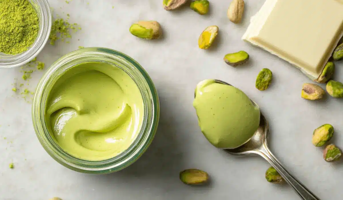 Pistachio cream recipe in a glass jar with spoon and chopped pistachios
