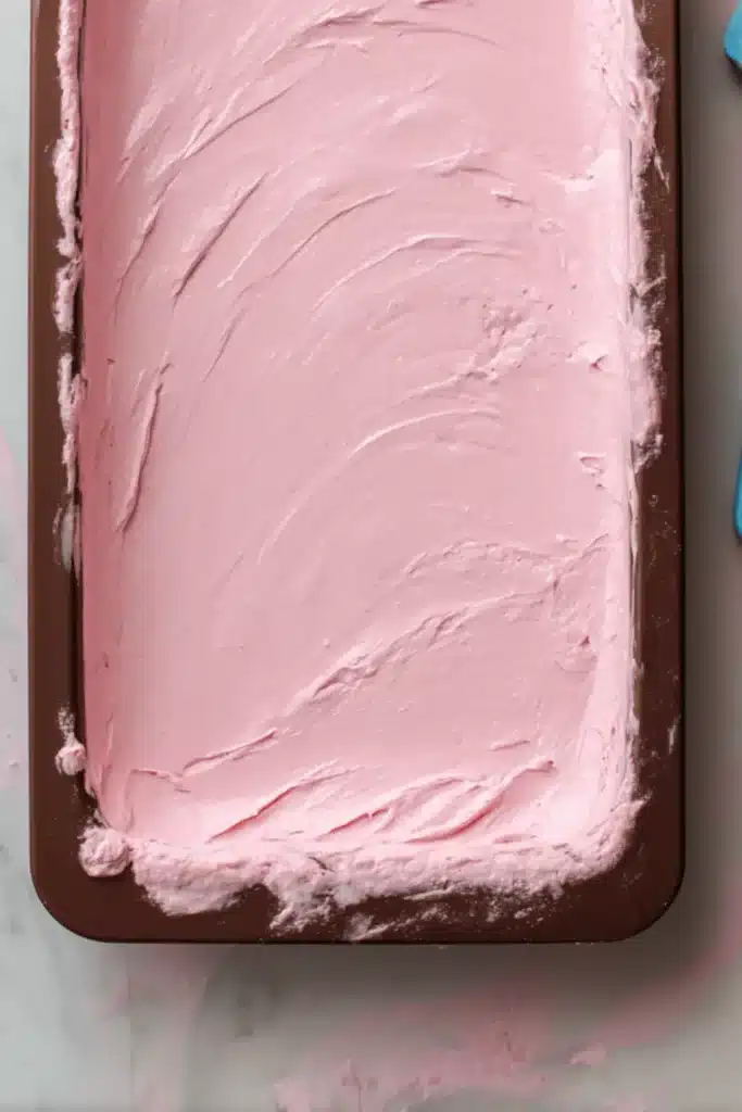 Top layer of pink chocolate spread over pistachio cream and pişmaniye in mold