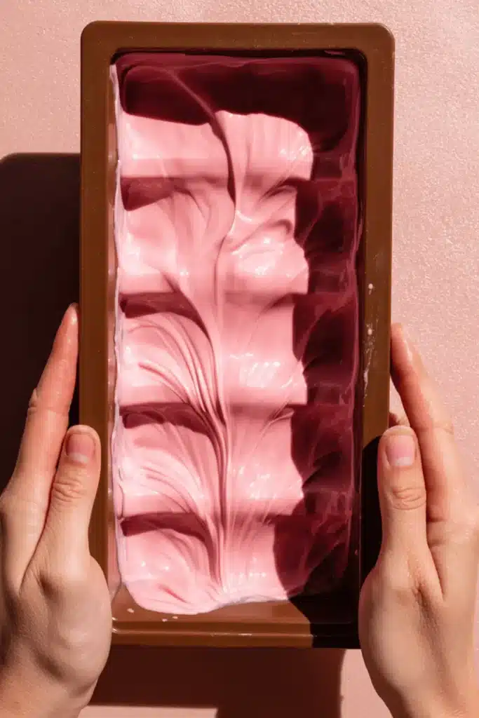 Spreading melted pink chocolate into a silicone mold for angel hair bars