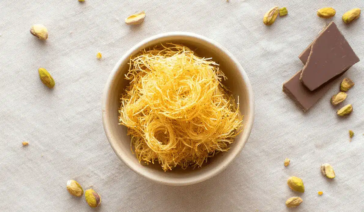 Flatlay of crispy kataifi nests in a bowl with pistachios and chocolate pieces on a white cloth