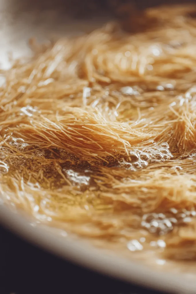 Kataifi pastry strands toasting in bubbling butter