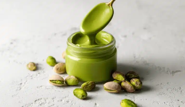 Bright green homemade pistachio butter in a glass jar with a gold spoon and scattered raw pistachios
