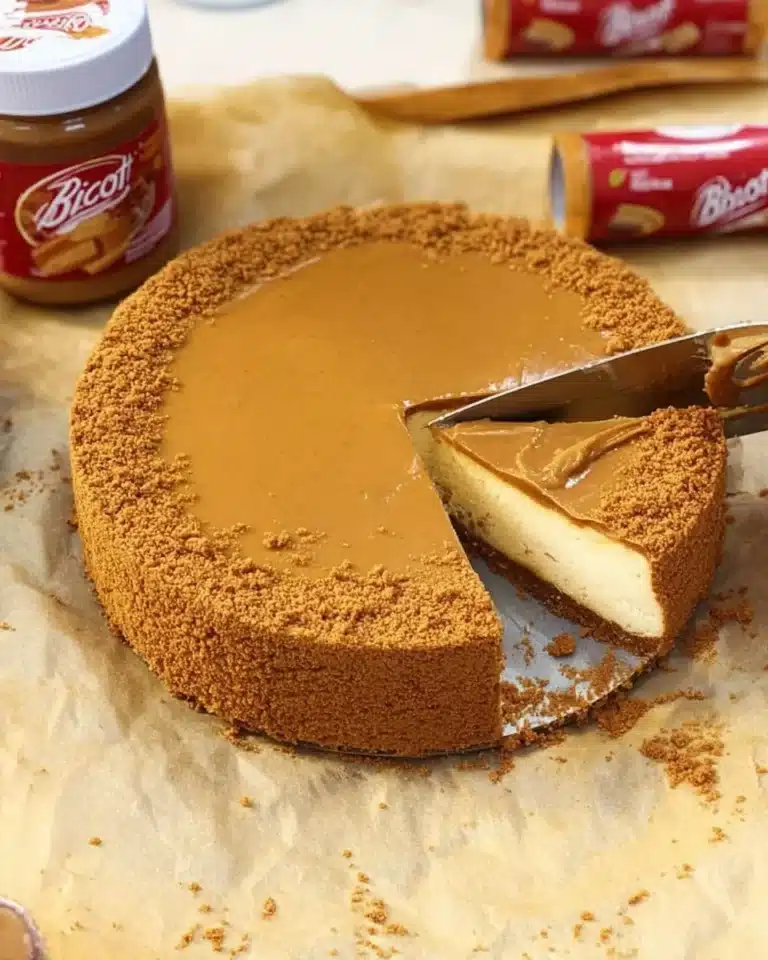 Delicious Biscoff Cheesecake topped with caramel drizzle and Biscoff cookies