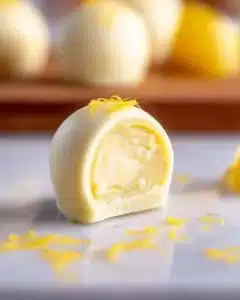 Deliciously creamy lemon truffles on a rustic plate