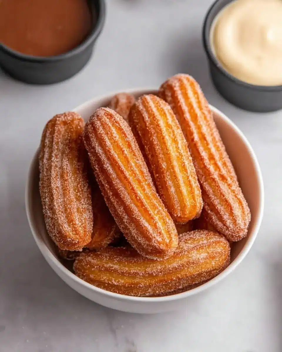 Plate of delicious baked churro bites dusted with cinnamon sugar.
