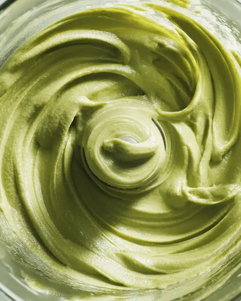 A top-down view into a food processor showing smooth, creamy homemade pistachio butter after being blended.