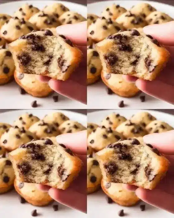 Freshly baked mini chocolate chip muffins on a wooden table