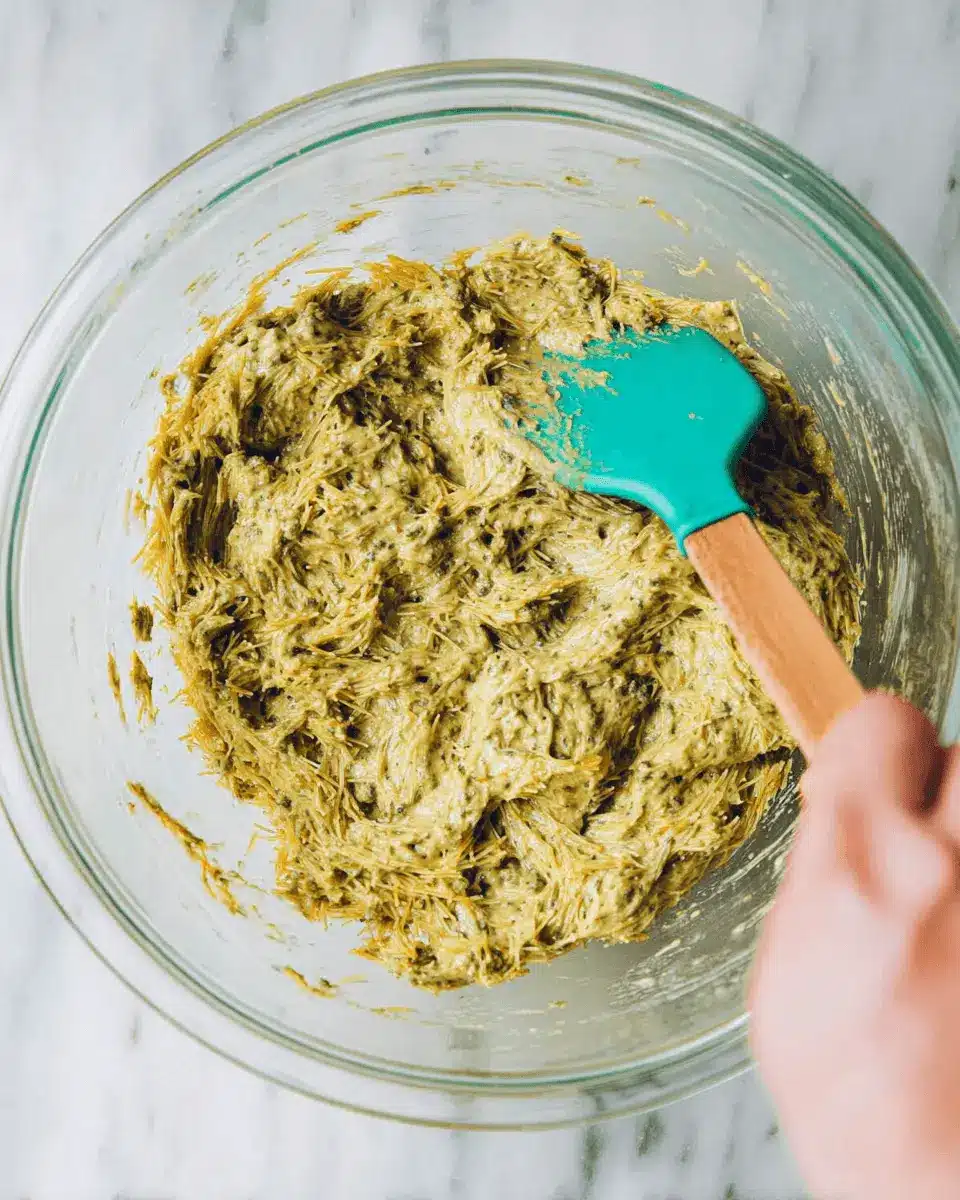 An overhead shot of hands using a teal spatula to gently fold toasted kataifi into the creamy pistachio base in a glass bowl.