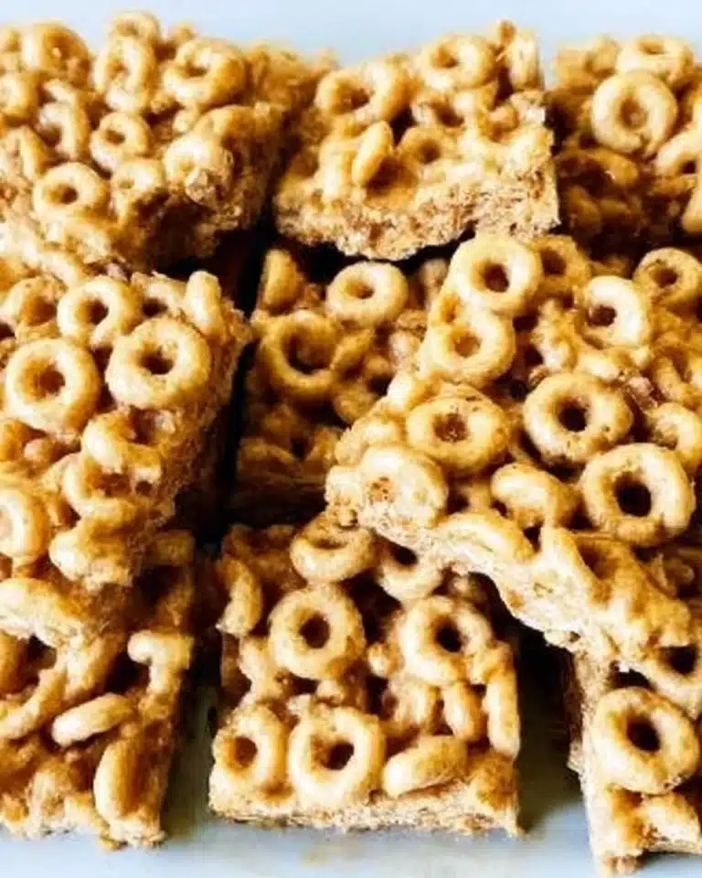 Delicious Peanut Butter and Cheerio Bars on a serving plate