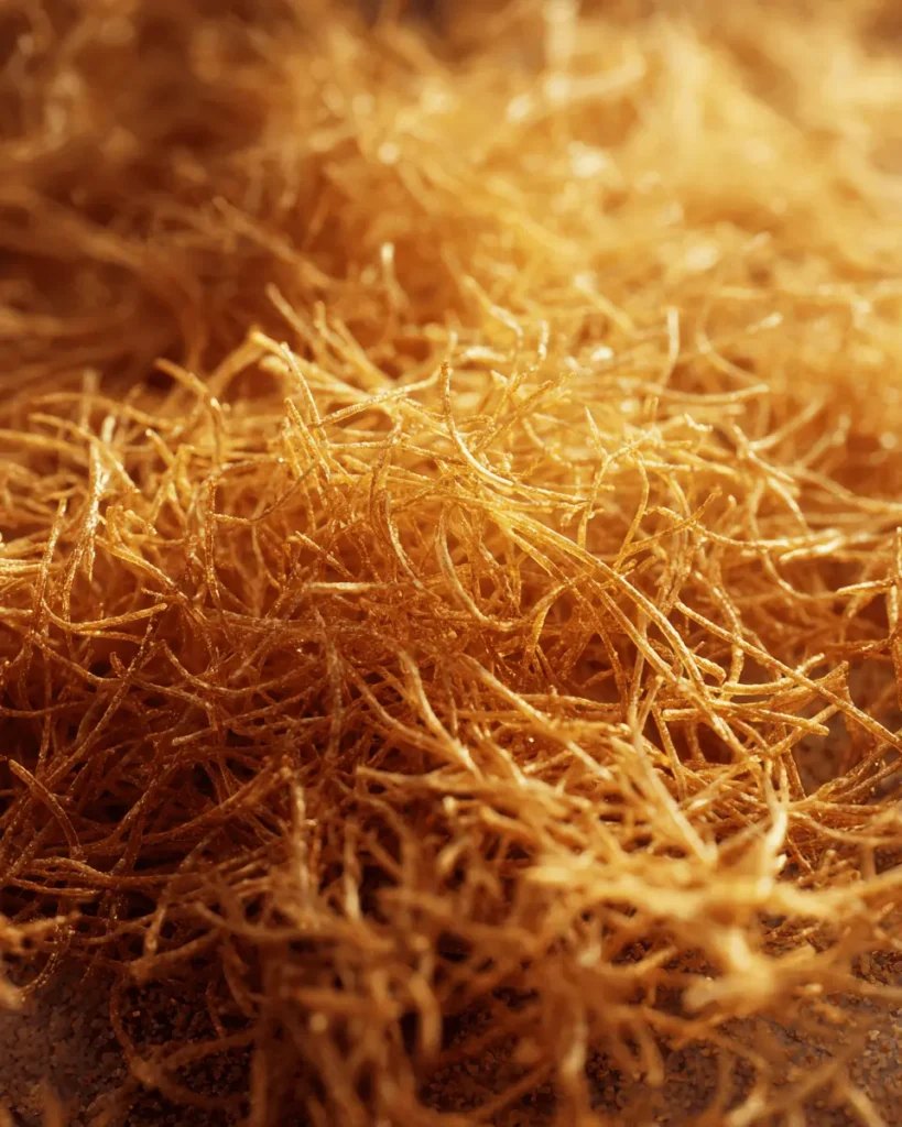 A close-up macro shot of toasted kataifi pastry, showing the golden-brown and crunchy texture needed for the filling.